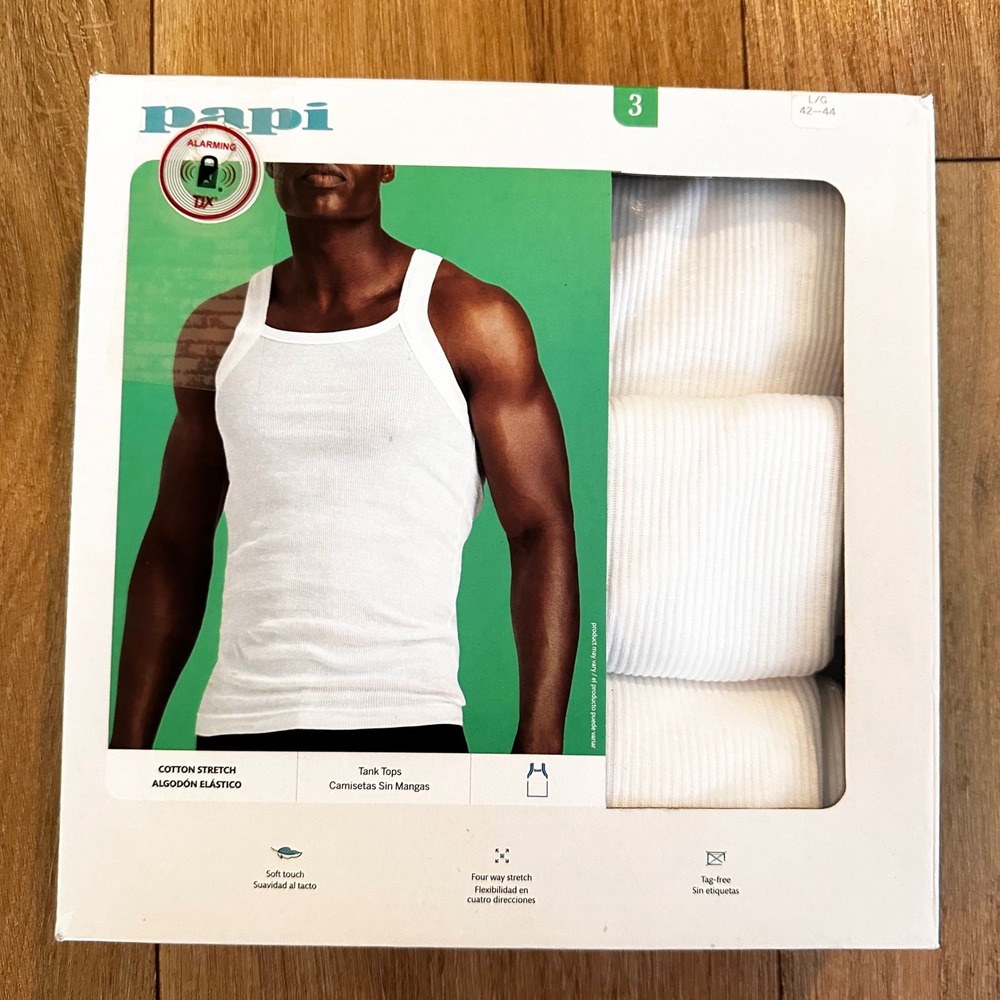Papi Mens 3 Pack Cotton Stretch Ribbed Tank Tops White Large UMPA207/WHT NIB